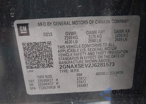 2018 Chevrolet Equinox Lt z USA, uszkodzony, nr VIN 2GNAXSEV2J6281573